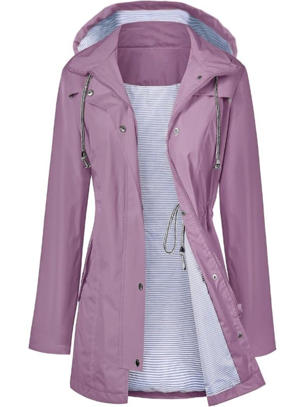 Women's Grey Purple Hooded Waterproof Drawstring Windbreaker Trench Rain Coat